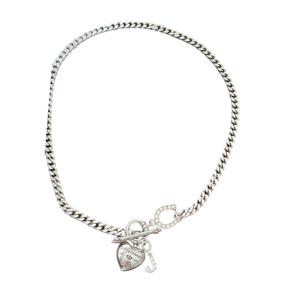 Vtg Silver Juicy Couture Toggle Necklace Silver Tone Puffy Heart Chunky Link - Picture 2 of 10